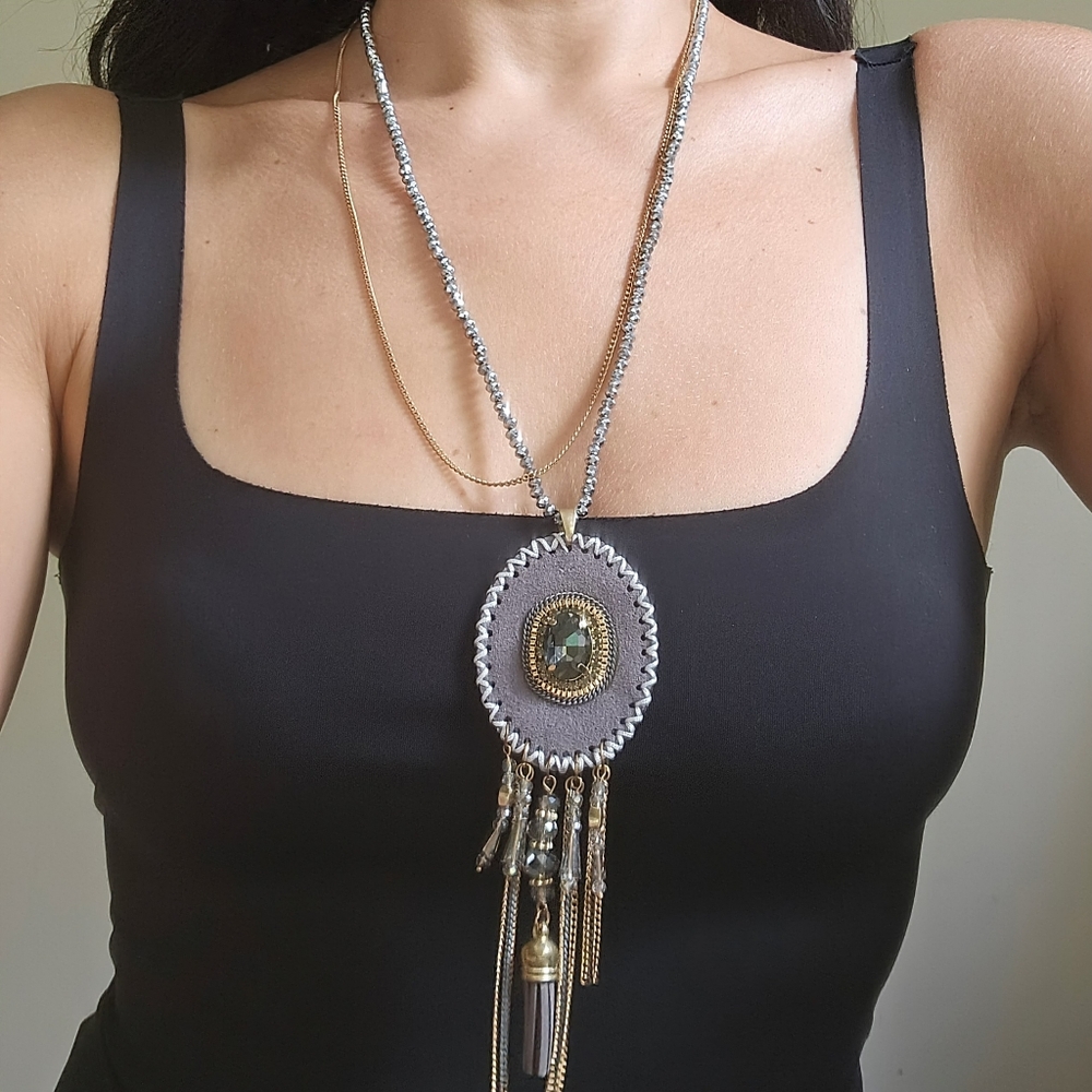 Bohemian long pendant necklace | beaded chain necklace | gray gold